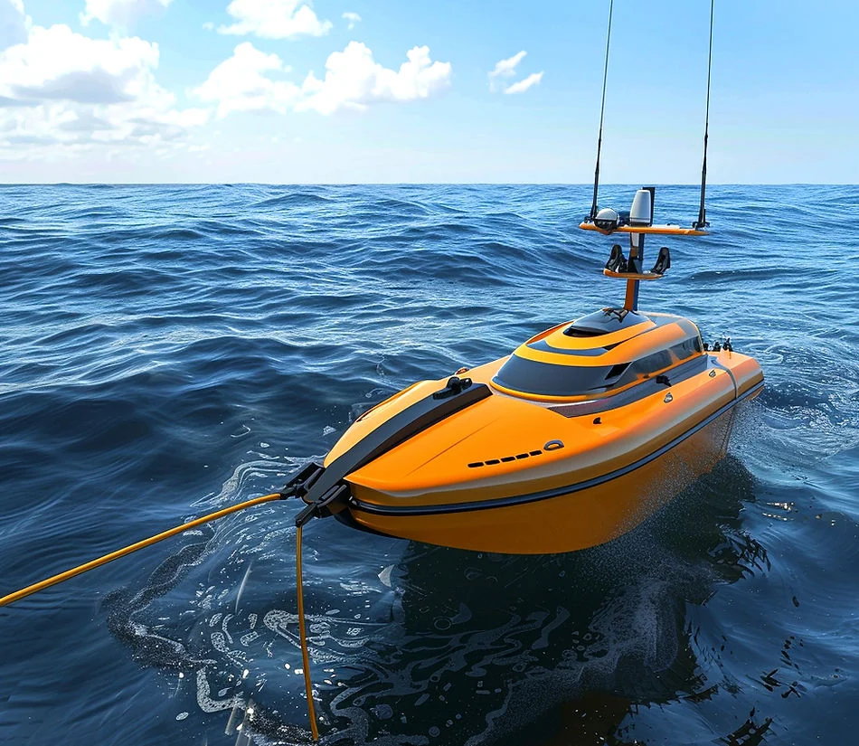 Orange autonomous surface vehicle on the sea